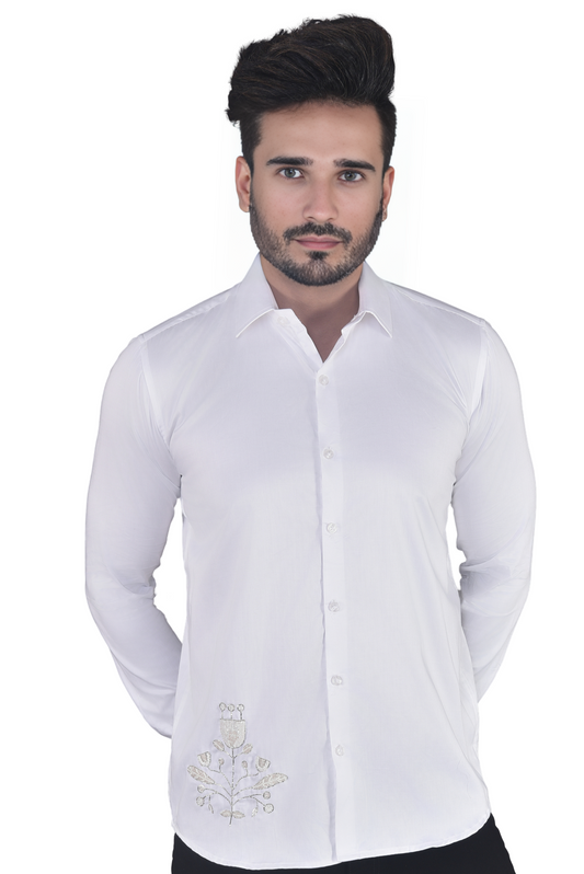 BEAUTIFUL FLOWER EMBROIDERY ON A WHITE SHIRT