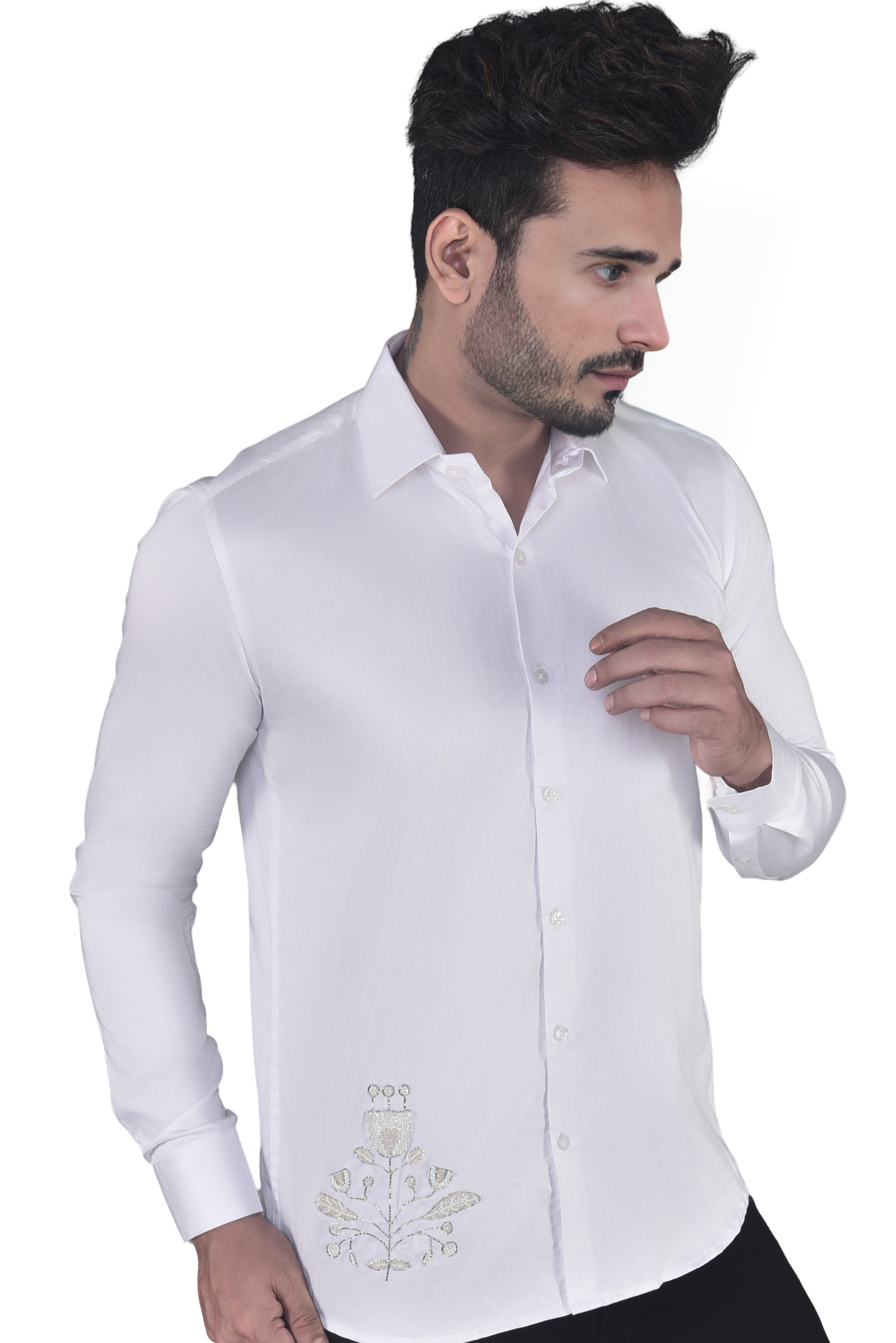 BEAUTIFUL FLOWER EMBROIDERY ON A WHITE SHIRT