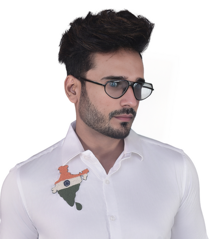 INDIA EMBROIDERED ON A WHITE SHIRT