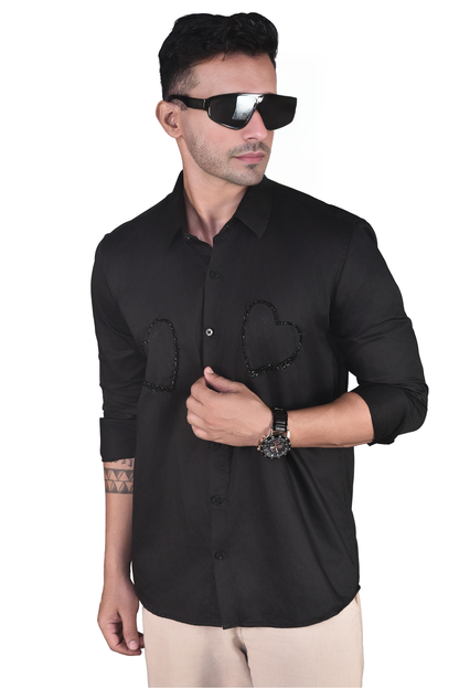 BLACK HEARTS EMBROIDERED ON A BLACK SHIRT