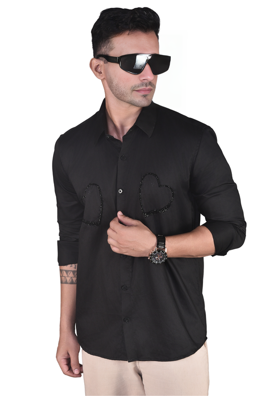 BLACK HEARTS EMBROIDERED ON A BLACK SHIRT
