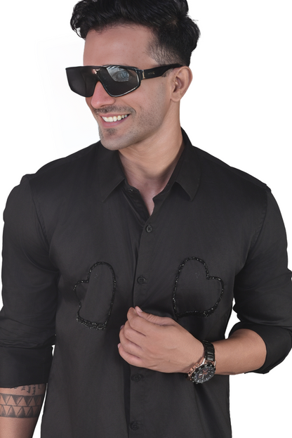 BLACK HEARTS EMBROIDERED ON A BLACK SHIRT