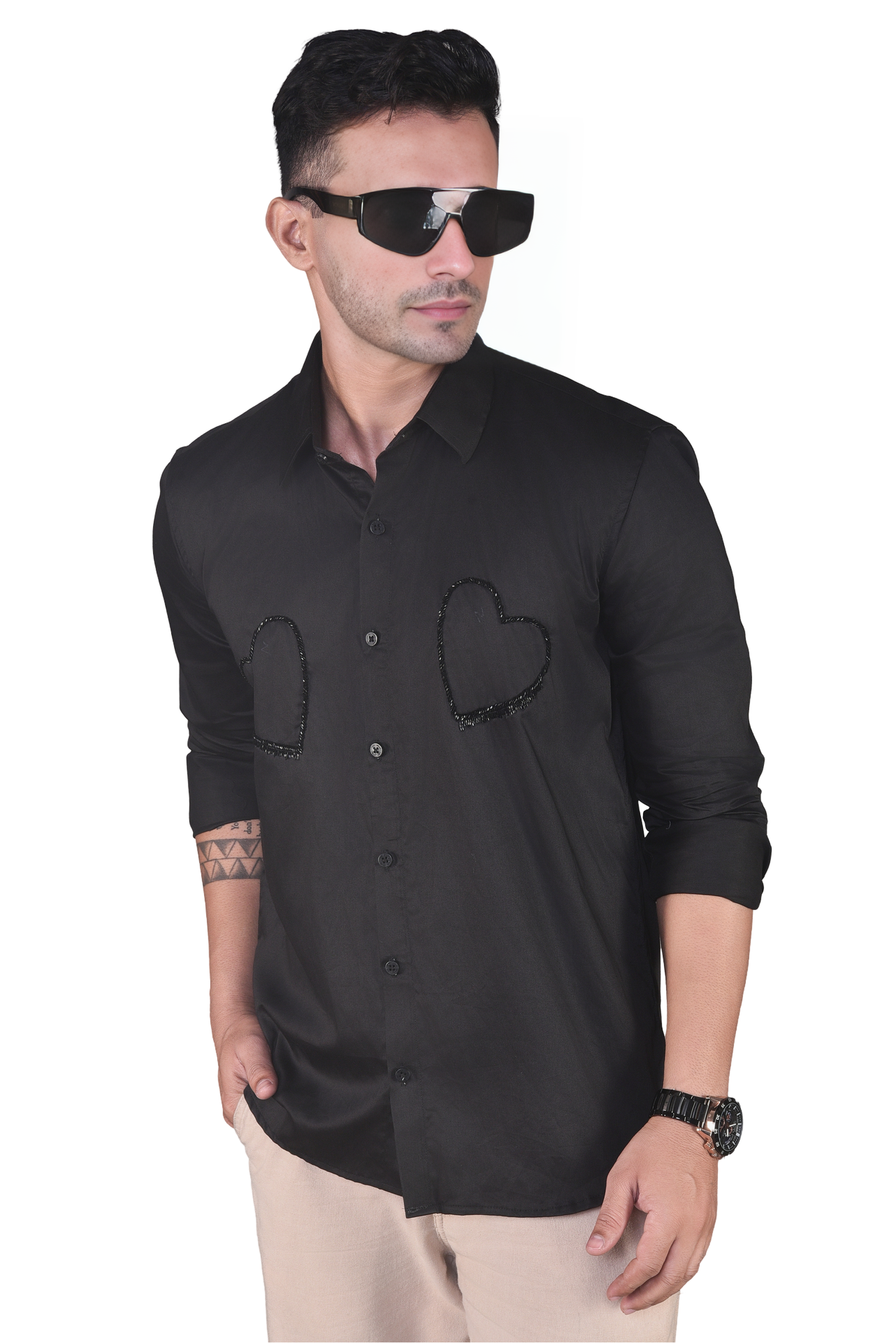 BLACK HEARTS EMBROIDERED ON A BLACK SHIRT