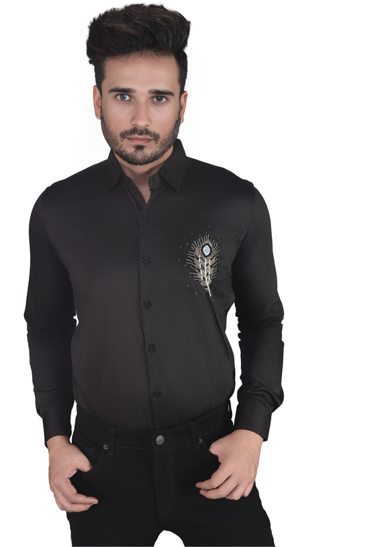 KRISHNA JI FEATHER EMBROIDERED ON A BLACK SHIRT