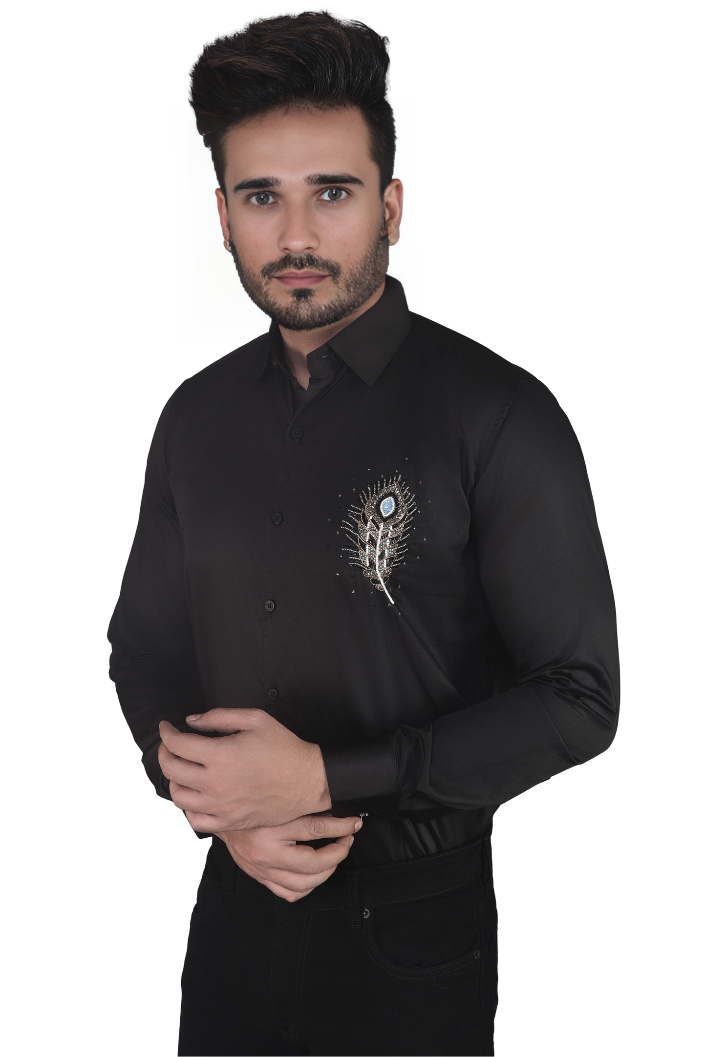 KRISHNA JI FEATHER EMBROIDERED ON A BLACK SHIRT