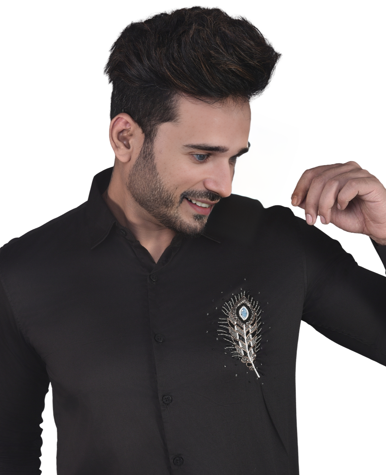 KRISHNA JI FEATHER EMBROIDERED ON A BLACK SHIRT
