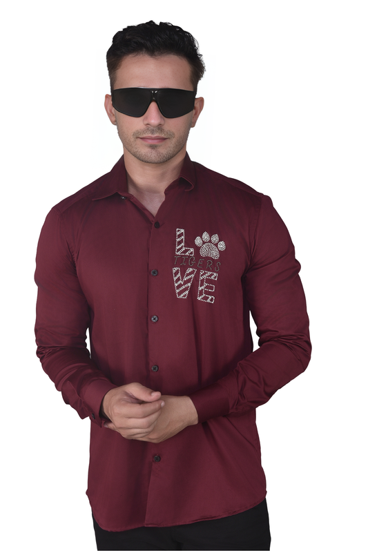 LOVE EMBROIDERED ON A MAROON SHIRT
