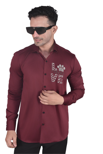 LOVE EMBROIDERED ON A MAROON SHIRT