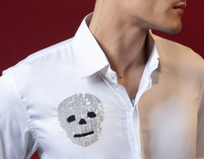 FUNKY SKULL EMBROIDERED ON A WHITE SHIRT