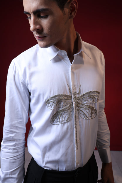 HAND EMBROIDERED DRAGON FLY IN A WHITE SHIRT