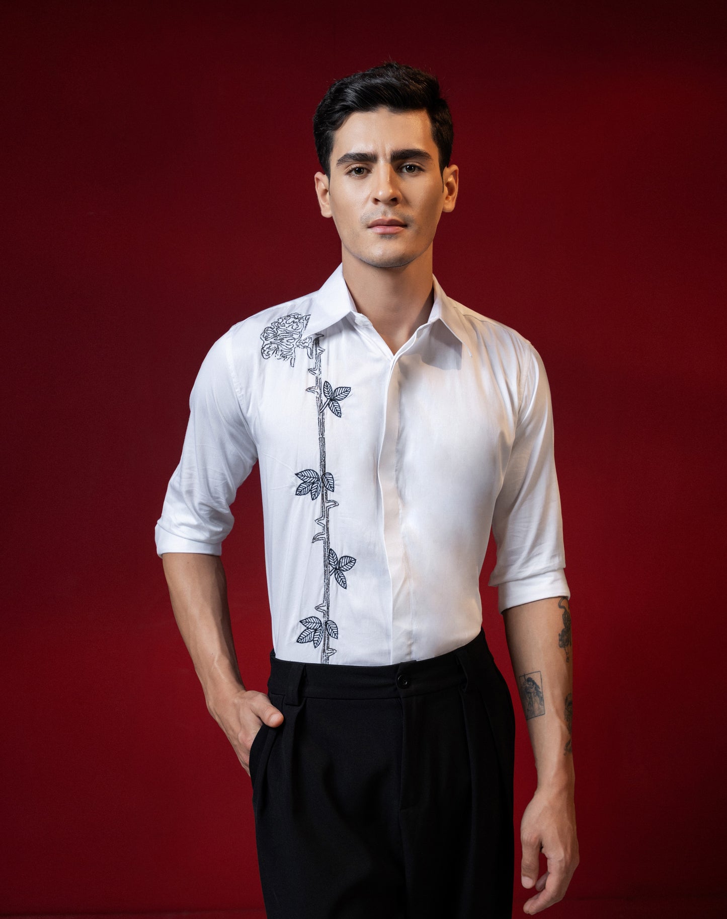 HANDMADE EMBROIDERY FLOWER PETALS SHIRT IN COTTON SATIN FABRIC
