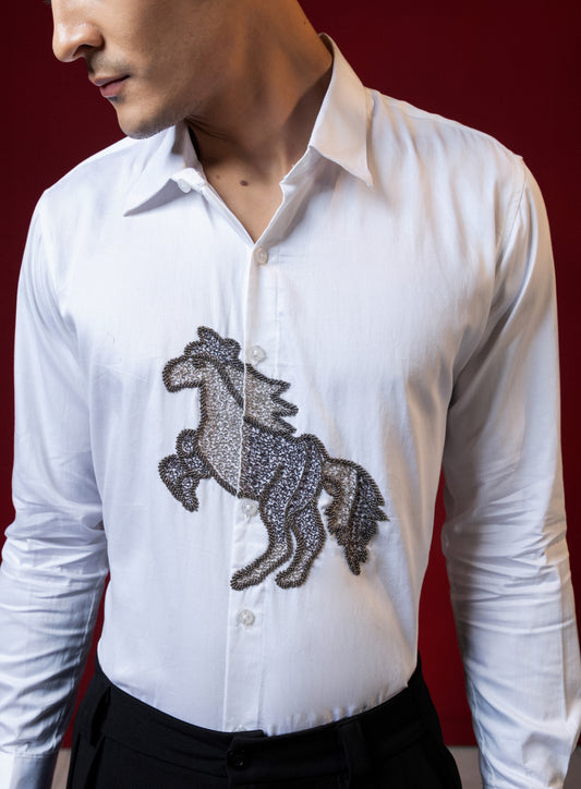 "HORSE" EMBROIDERED ON A WHITE SHIRT