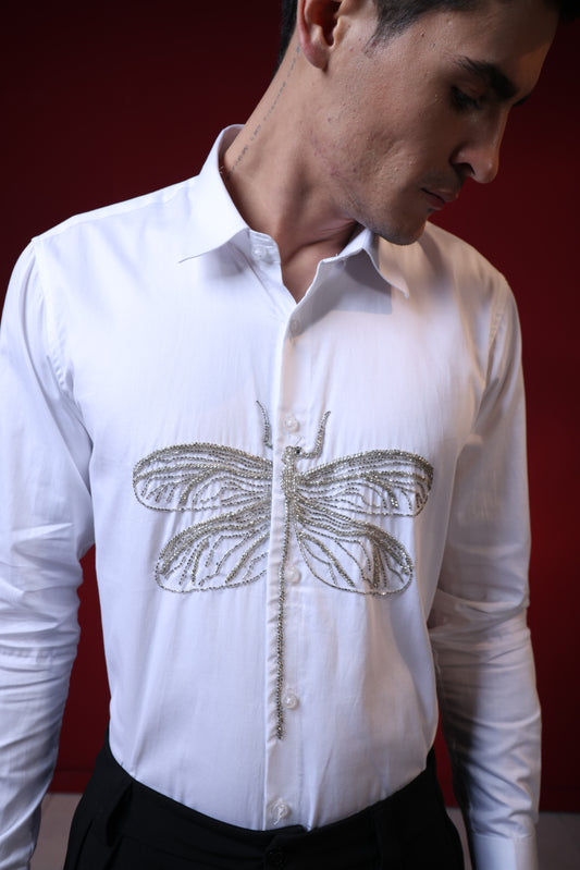 HAND EMBROIDERED DRAGON FLY IN A WHITE SHIRT