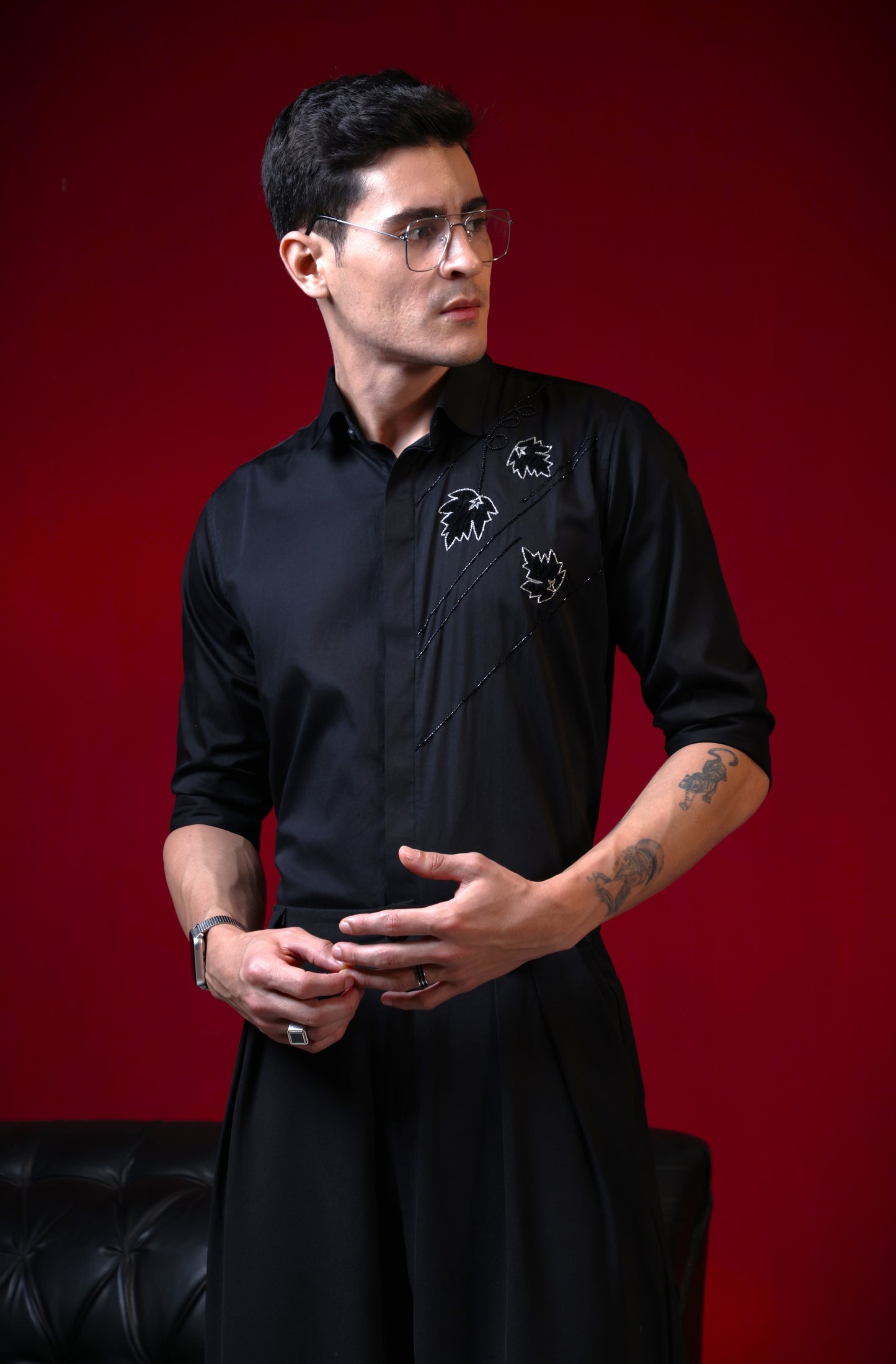 FLOWER PETALS EMBROIDERED ON BLACK FULL SLEEVES SHIRT