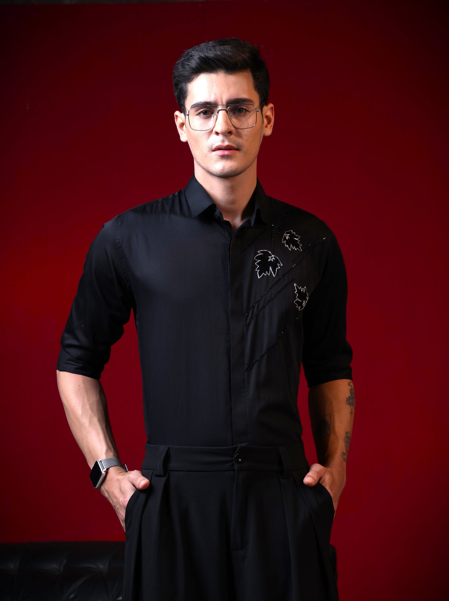 FLOWER PETALS EMBROIDERED ON BLACK FULL SLEEVES SHIRT