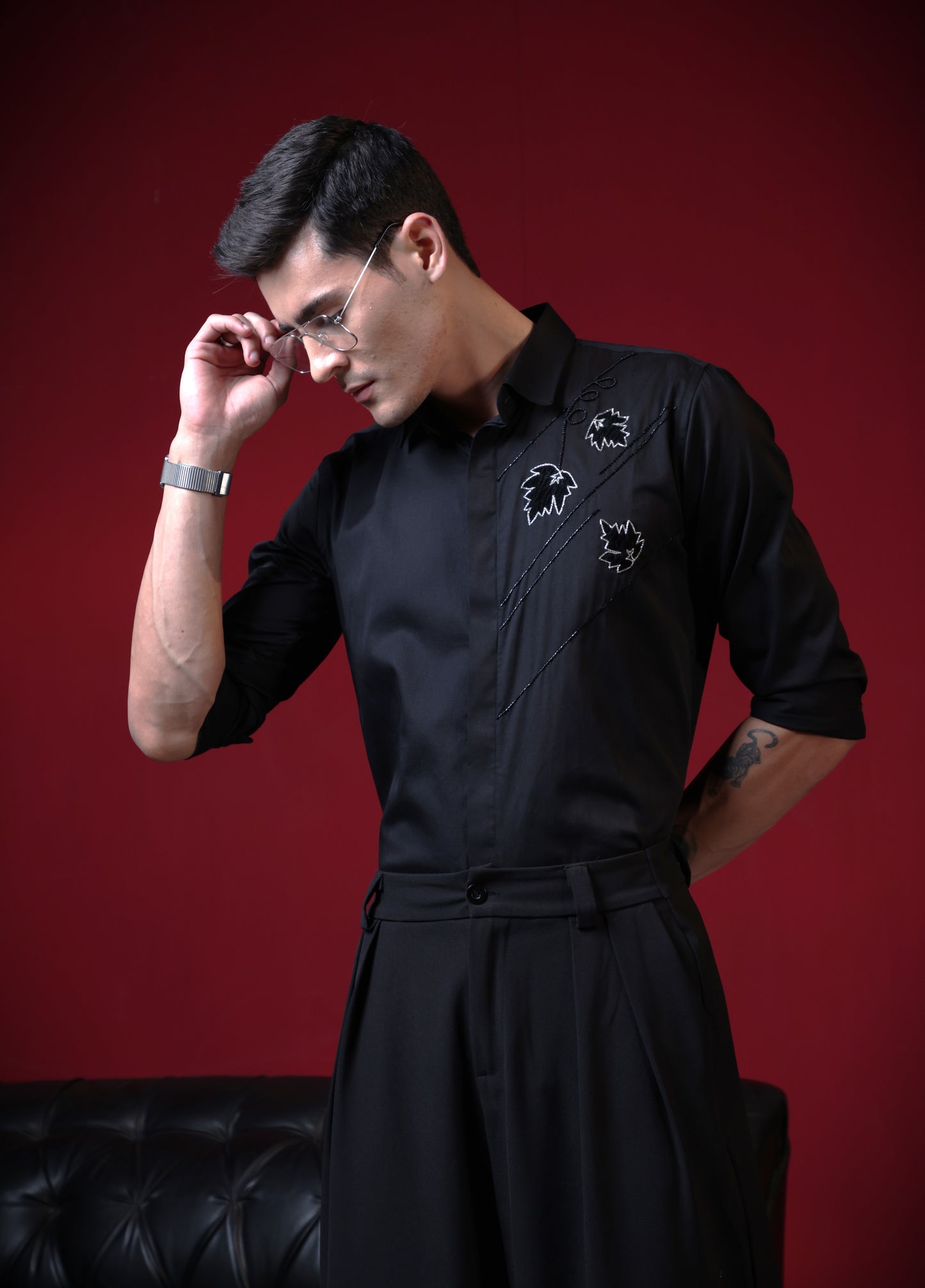 FLOWER PETALS EMBROIDERED ON BLACK FULL SLEEVES SHIRT