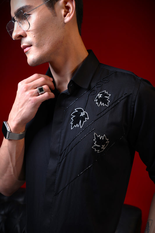 FLOWER PETALS EMBROIDERED ON BLACK FULL SLEEVES SHIRT