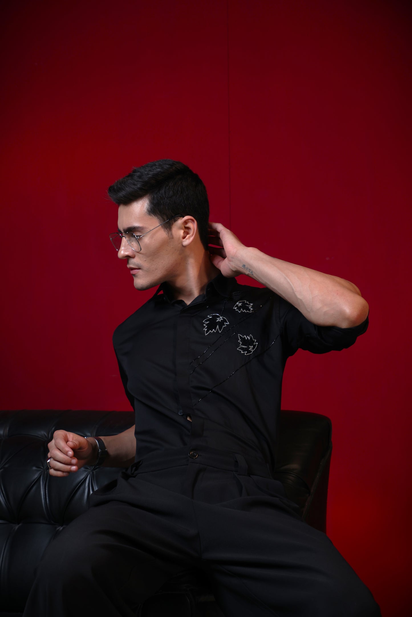 FLOWER PETALS EMBROIDERED ON BLACK FULL SLEEVES SHIRT