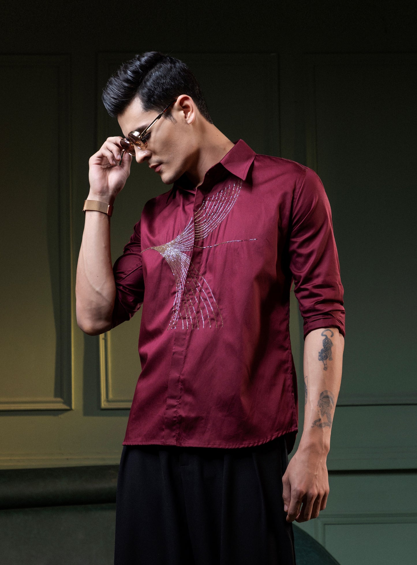 "HAND EMBROIDERY MODERN TEXTURED DESIGN IN MAROON"