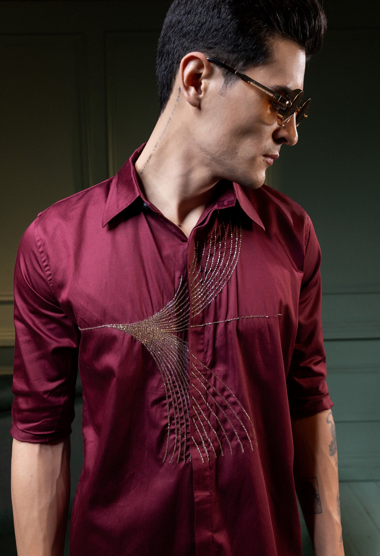 "HAND EMBROIDERY MODERN TEXTURED DESIGN IN MAROON"