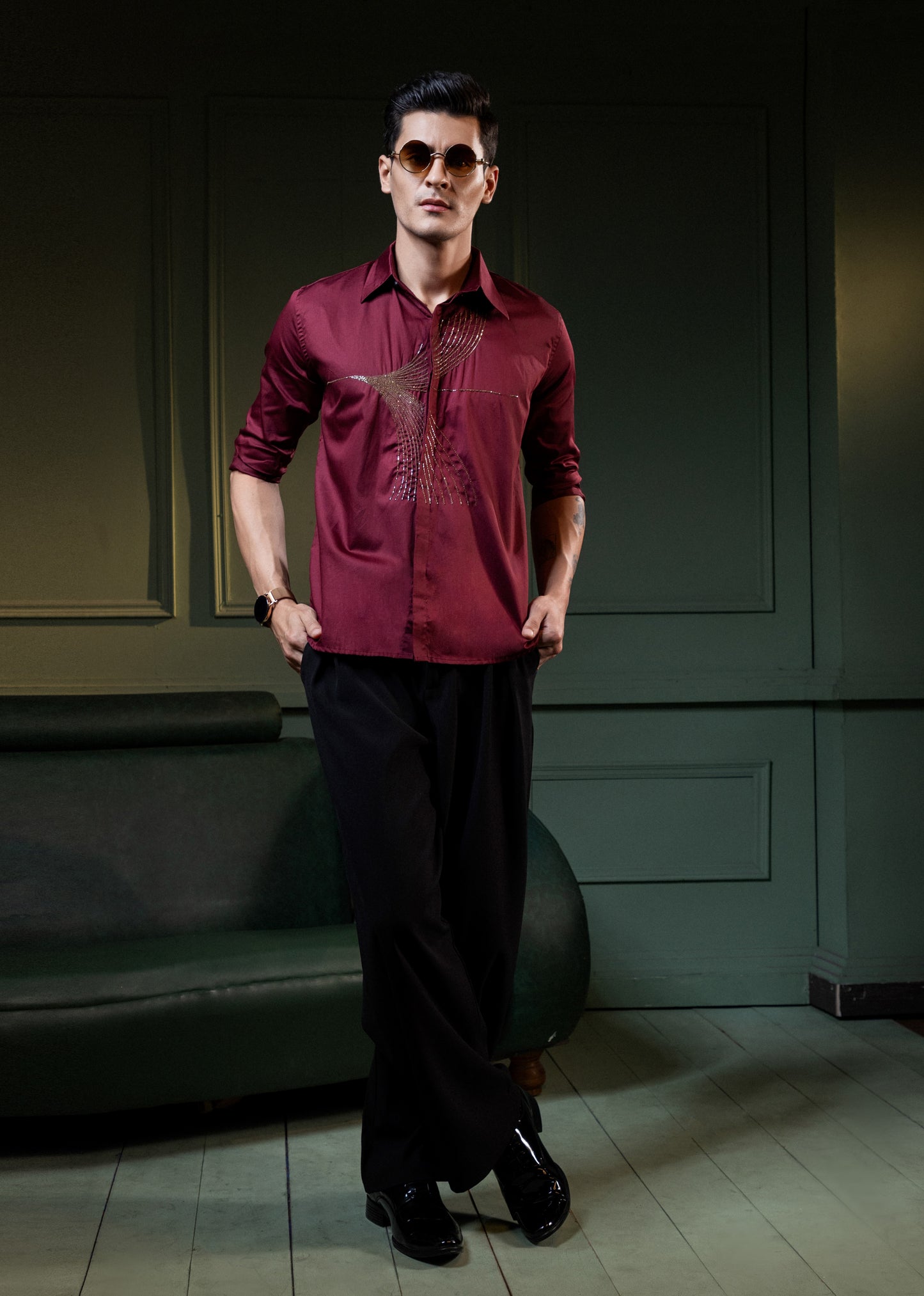 "HAND EMBROIDERY MODERN TEXTURED DESIGN IN MAROON"