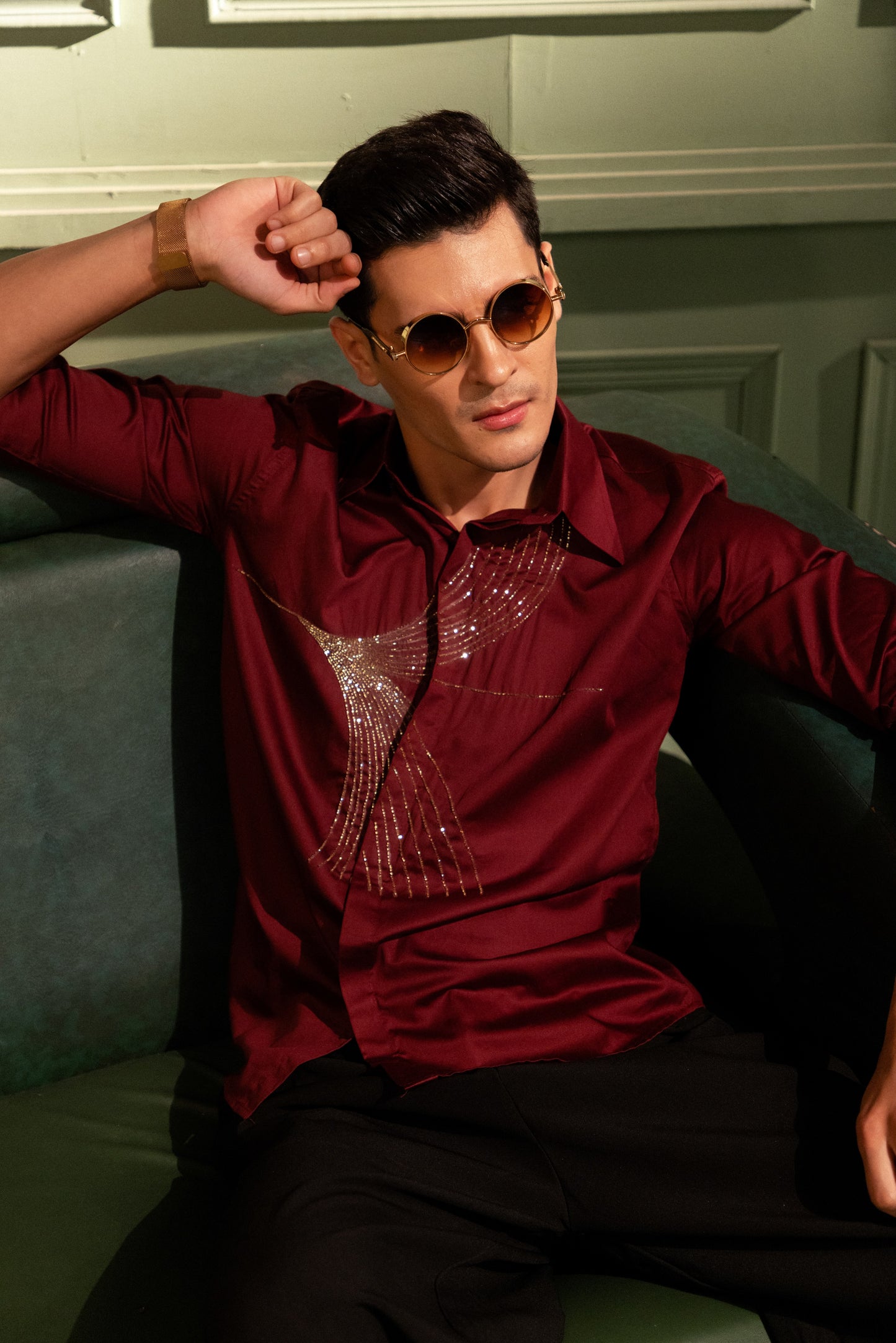 "HAND EMBROIDERY MODERN TEXTURED DESIGN IN MAROON"