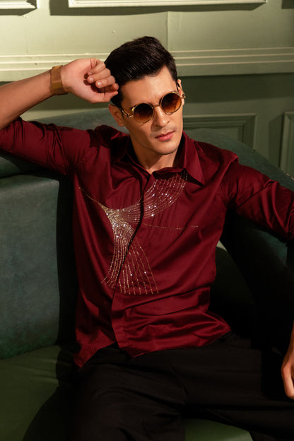 "HAND EMBROIDERY MODERN TEXTURED DESIGN IN MAROON"