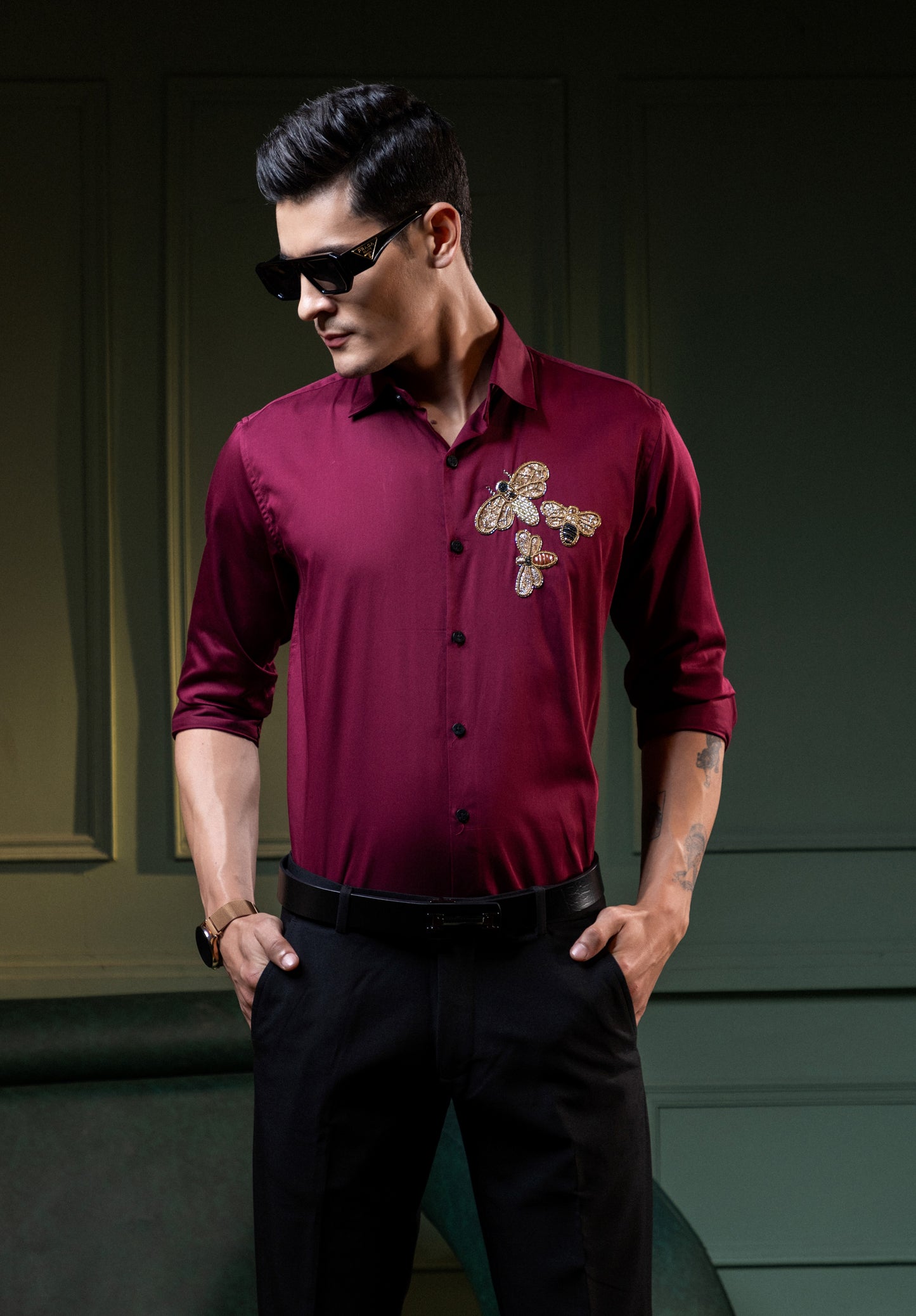 "HAND MADE EMBROIDERY SHIRT WITH HONEY BEE DESIGN IN MAROON"