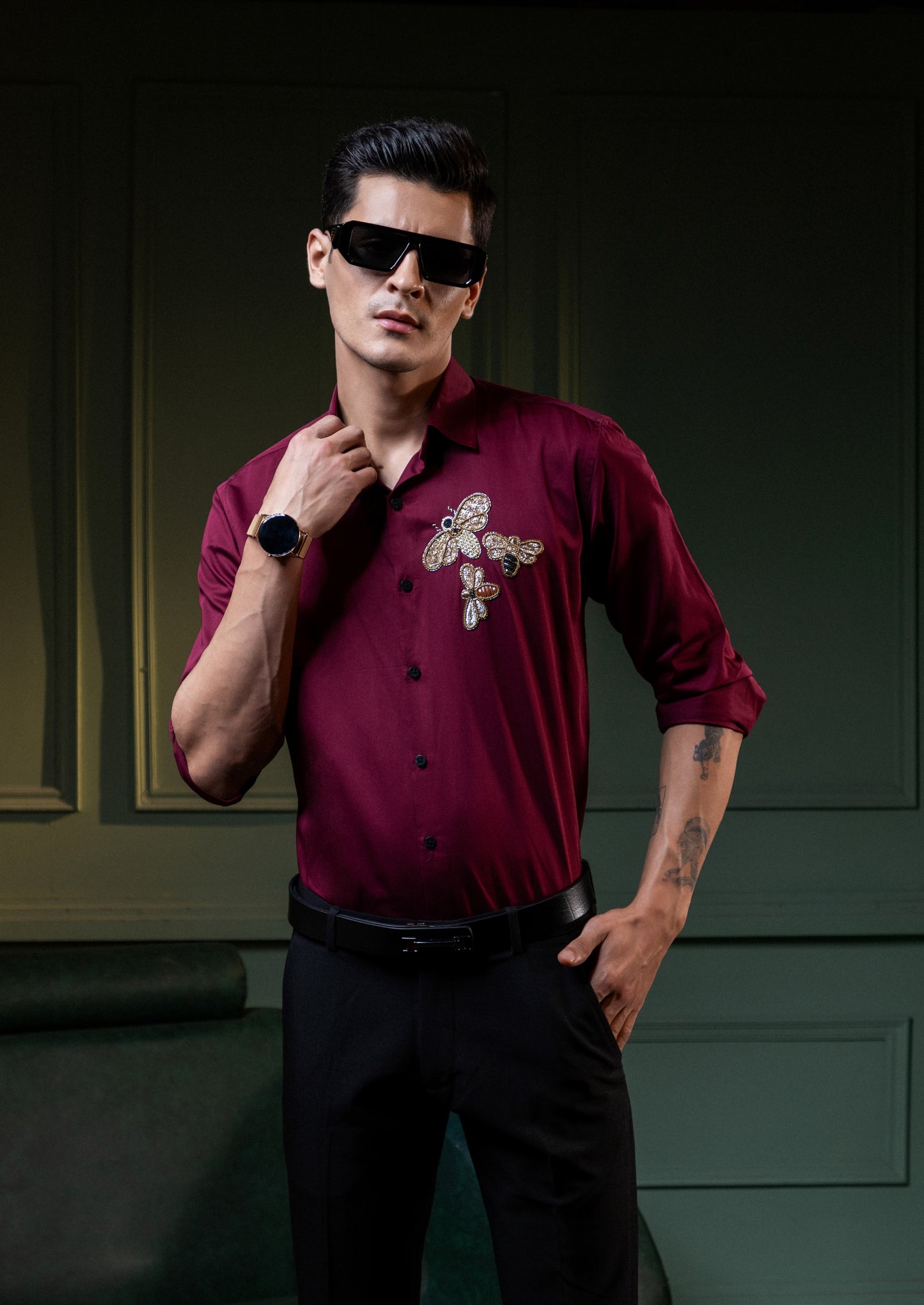 "HAND MADE EMBROIDERY SHIRT WITH HONEY BEE DESIGN IN MAROON"