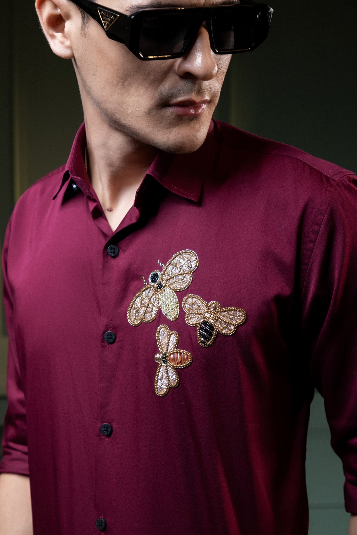 "HAND MADE EMBROIDERY SHIRT WITH HONEY BEE DESIGN IN MAROON"