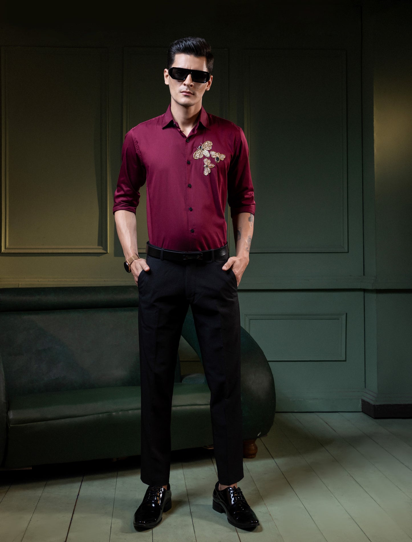 "HAND MADE EMBROIDERY SHIRT WITH HONEY BEE DESIGN IN MAROON"