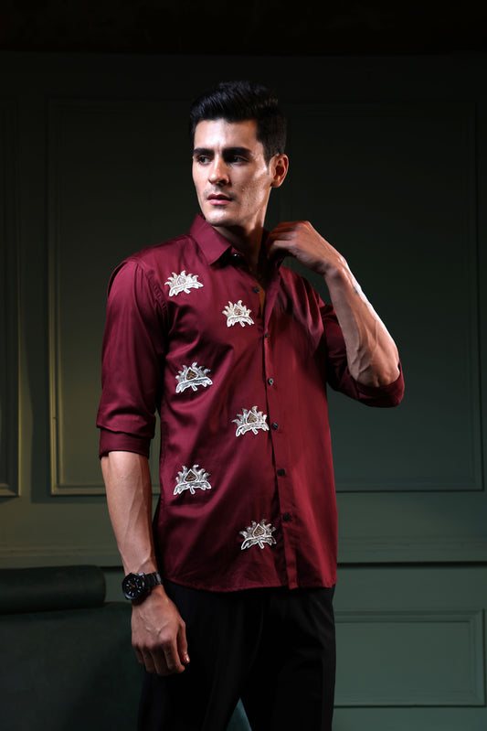 "LOTUS FLOWERS" BEAUTIFULLY EMBROIDRED ON A MAROON SHIRT