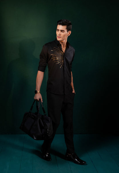 "LINE PATTERN" EMBROIDERED ON A BLACK SHIRT