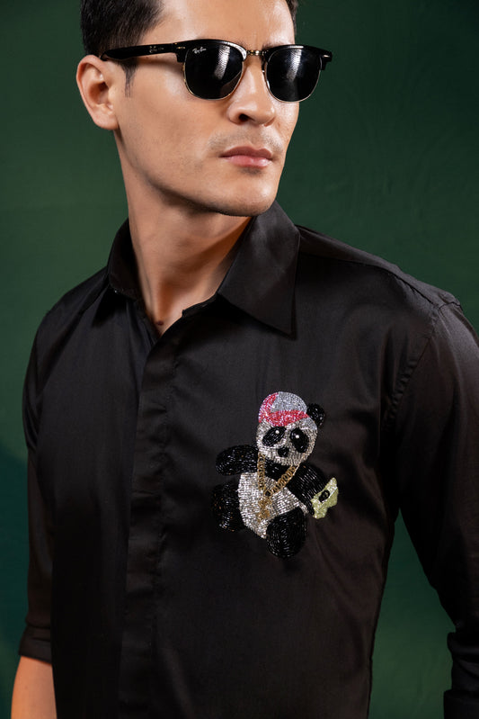"HAND MADE EMBROIDERY PANDA DESIGNED IN BLACK"