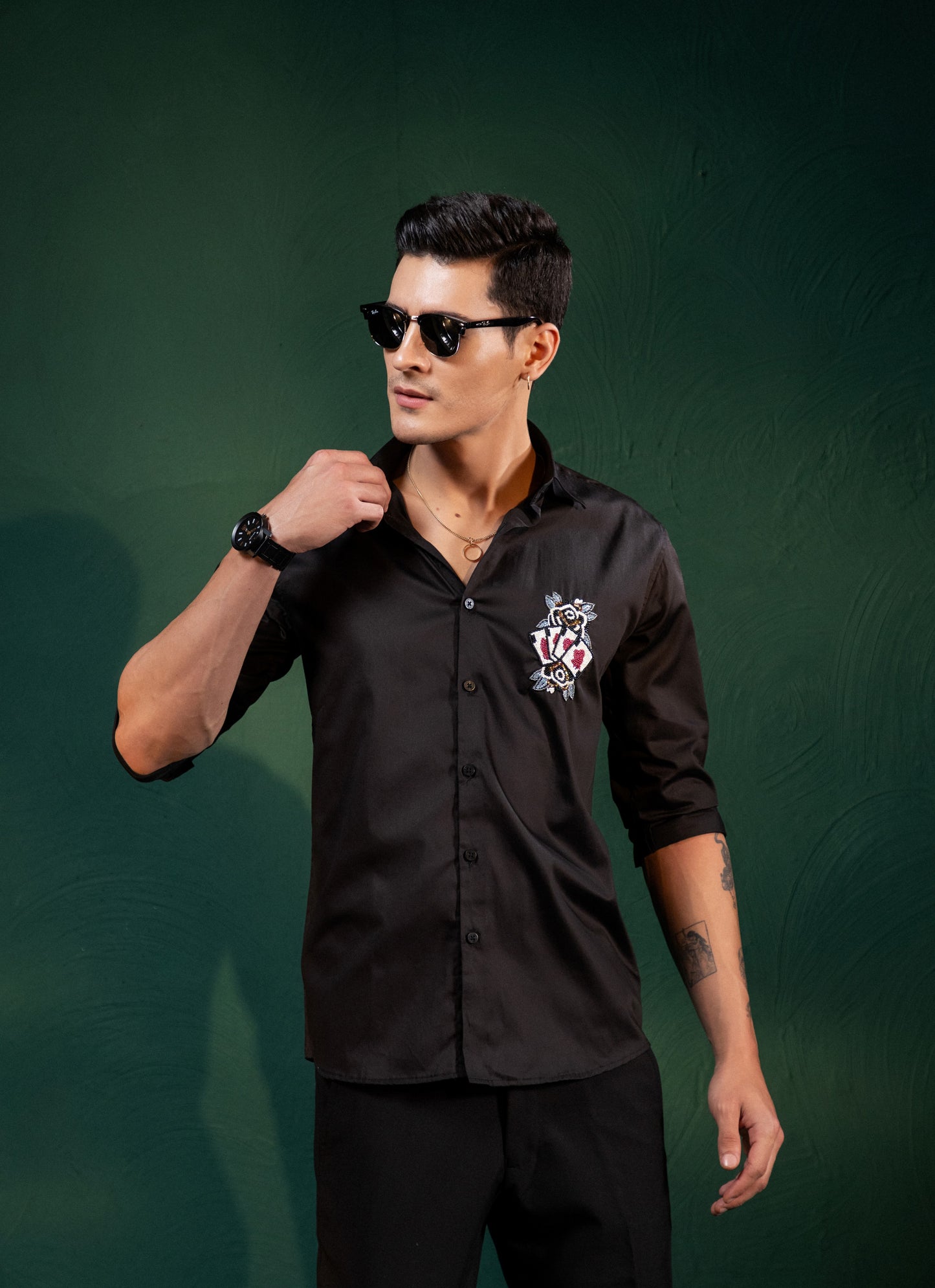 "CARD DECK" EMBROIDERED ON A BLACK PARTY WEAR SHIRT