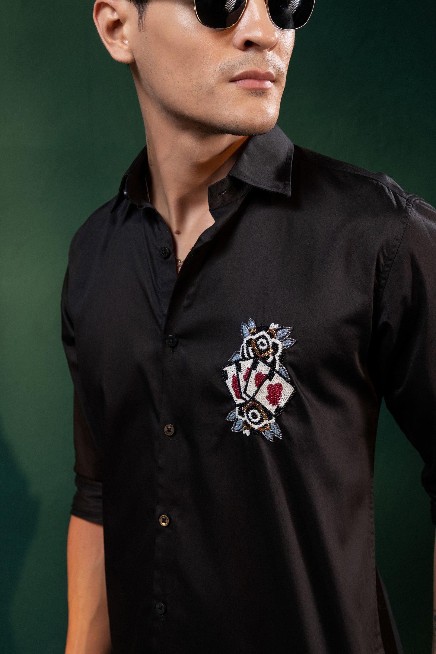 "CARD DECK" EMBROIDERED ON A BLACK PARTY WEAR SHIRT