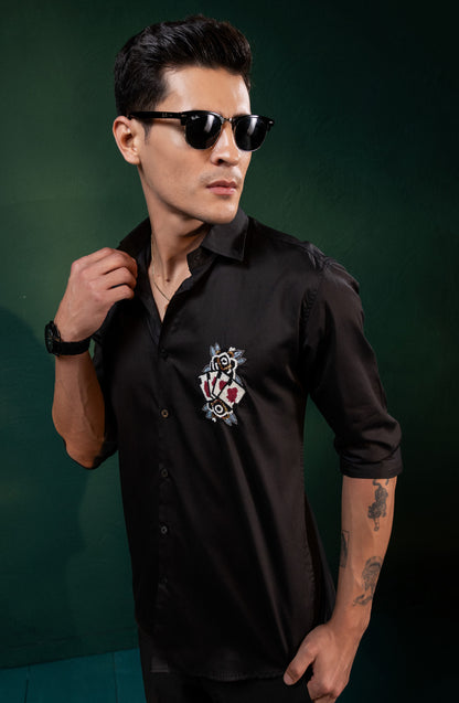 "CARD DECK" EMBROIDERED ON A BLACK PARTY WEAR SHIRT