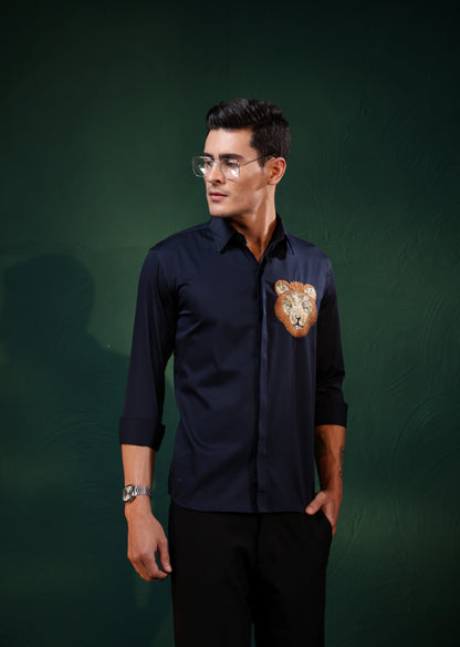 "HAND MADE LION EMBROIDERY PARTY WEAR BLUE SHIRT"