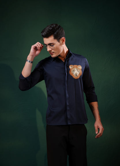 "HAND MADE LION EMBROIDERY PARTY WEAR BLUE SHIRT"