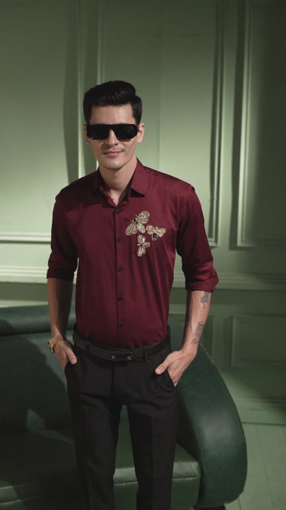 "HAND MADE EMBROIDERY SHIRT WITH HONEY BEE DESIGN IN MAROON"
