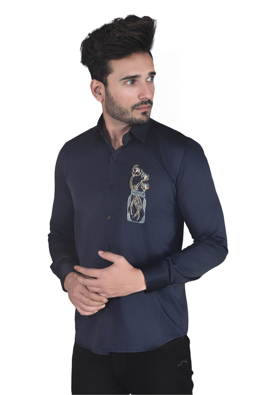 FLOWERS IN A JAR EMBROIDERED ON A NAVY BLUE SHIRT