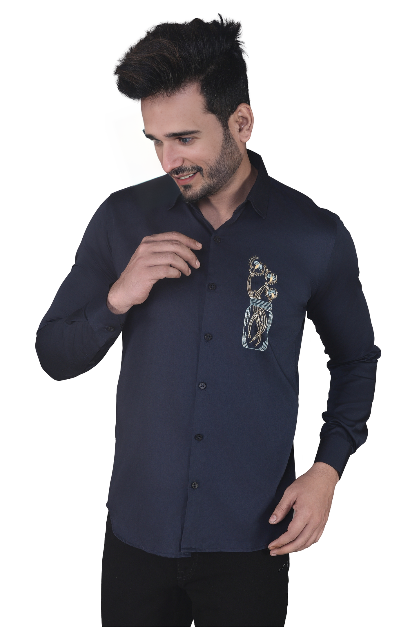 FLOWERS IN A JAR EMBROIDERED ON A NAVY BLUE SHIRT