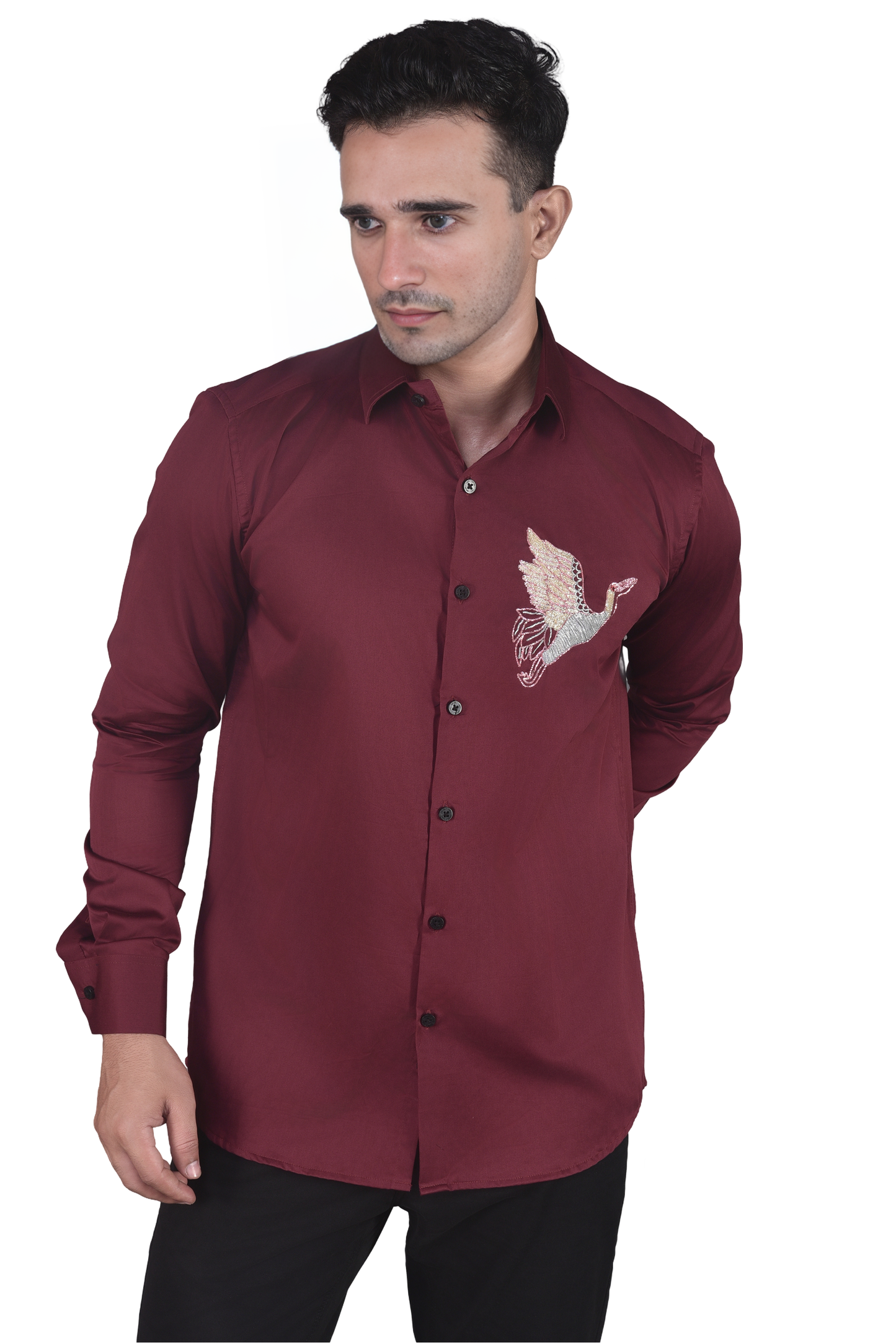 FLYING BIRD EMBROIDERED ON A MAROON SHIRT